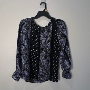 NWT‎ Tahari Black Blue Paisley Sheer Print V Neck Long Sleeve Blouse Top Size S